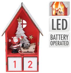 Karácsonyi adventi naptár világító kisházikóban miklulással és szánjával piros 6992-A (6992-A)