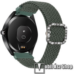 Okosóra szíj - fonott szövet, sztreccses, állítható, strasszköves csat - SÖTÉTZÖLD - 110-195mm hosszú, 22mm széles - SAMSUNG Galaxy Watch 46mm / Watch GT2 46mm / Watch GT 2e / Galaxy Watch3 45mm / Hon
