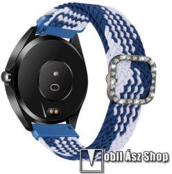 Okosóra szíj - fonott szövet, sztreccses, állítható, strasszköves csat - KÉK / FEHÉR - 110-195mm hosszú, 22mm széles - SAMSUNG Galaxy Watch 46mm / Watch GT2 46mm / Watch GT 2e / Galaxy Watch3 45mm / H