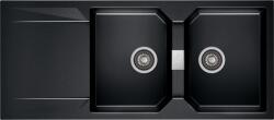 AXIS KITCHEN KRONOS 200 kétmedencés csepegtetőtálcás gránit mosogató automata dugóemelő, szifonnal, fekete-szemcsés fényes, beépíthető (AX-1105)