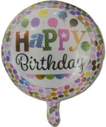 Xindi'S Balloon Happy Birthday, fehér pöttyös, lufikkal, fólia lufi, 18"/45cm, gömb