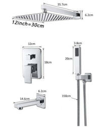 Dusche Fali zuhanyszett falba építhető falsík alatti csaptelep inox esőztetős zuhanyfej 30 cm, kézi zuhanyfejjel, fix kádtöltő csapteleppel