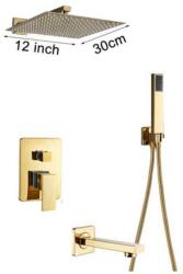 Dusche Fali zuhanyszett falba építhető falsík alatti csaptelep arany kádtöltő, esőztetős zuhanyfej sárgaréz 25 cm, kézi zuhanyfej keverőcsappal