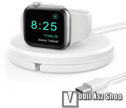 Okosóra asztali töltő - FEHÉR - csúszásgátló, 2.5W, állítható dőlésszög, QI Wireless, vezeték nélküli töltő funkció, beépített felcsévélhető Type-C kábel, 91 x 91 x 16.5mm - Apple Watch Series 1 / 2 /
