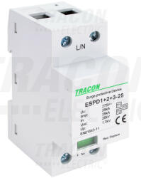 Tracon Electric Tracon ESPD1+2+3-25-1P T1+T2+T3 AC típusú túlfeszültség levezető, egybeépített Uc: 275V; Iimp: 25kA; In: 25kA; Uoc: 20kV; Up: 1, 3kV; 1P (ESPD1+2+3-25-1P) - elektrikstore