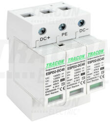  Tracon ESPD2-DC40-1000 T2 DC típusú túlfeszültség levezető, cserélhető betéttel Ucpv: 1200V; In: 20kA; Imax: 40kA; Up: 4kV (ESPD2-DC40-1000)