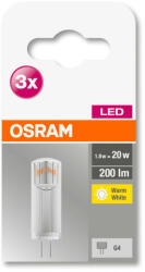 OSRAM Base 12V LED kapszula, plasztik ház, 1, 8W 200lm 2700K G4 - 3 db-os szett, átlagos élettartam: 10000 óra, fényszín: meleg fehér LED BASE PIN 12V 20 CL 1.8W 2700K G4 x3 ( 4058075450011 ) (4058075450011
