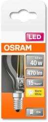  OSRAM Star LED kisgömb, átlátszó üveg búra, 4W 470lm 2700K E14, átlagos élettartam: 15000 óra, fényszín: meleg fehér LED ST CL P 40 FIL 4W 2700K E14 ( 4058075436527 ) (4058075436527)