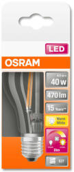 OSRAM Star+ GLOWdim LED körte, átlátszó üveg búra, 4, 5W 470lm 2700K E27, átlagos élettartam: 15000 óra, fényszín: állítható meleg fehér LED STAR+ GLOWdim CL A 40 FIL 4.5W 2700K E27 ( 4058075435568 )