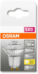  OSRAM Star 230V LED PAR16 spot, üveg ház, 4, 3W 350lm 2700K GU10, átlagos élettartam: 15000 óra, fényszín: meleg fehér LED ST PAR16 50 36° 4.3W 2700K GU10 ( 4058075112568 ) (4058075112568)