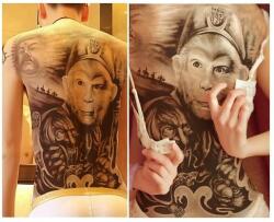  Ideiglenes tetoválás nagy, hátra, fekete-fehér, Majom király motívum, Monkey King (MET018)