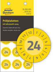 Avery Zweckform No. 6943-2024 sárga színű, 20 mm átmérőjű, öntapadós időjárásálló felülvizsgálati címke, 2024-es évszámmal, 12 hónapos beosztással - kiszerelés: 120 címke / csomag