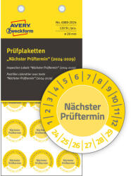 Avery Zweckform No. 6989-2024 sárga színű, 20 mm átmérőjű, öntapadós biztonsági hitelesítő címke, 2024-2029-es évszámmal, Nächster Prüftermin felirattal - kiszerelés: 120 címke / csomag