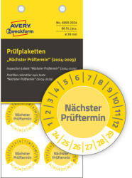  Avery Zweckform No. 6990-2024 sárga színű, 30 mm átmérőjű, öntapadós biztonsági hitelesítő címke, 2024-2029-es évszámmal, Nächster Prüftermin felirattal - kiszerelés: 80 címke / csomag