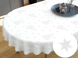 Goldea față de masă teflonată - model de crăciun - brazi și steluțe argintii pe alb - ovală 120 x 200 cm