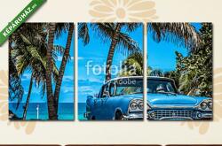 Többrészes Vászonkép, Premium Kollekció: Kék amerikai vintage autó parkolt a strandon pálmafák alatt V-be(125x60 cm, L02)