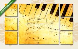  Többrészes Vászonkép, Premium Kollekció: Zongora billentyűzet és zenei lemezek vintage stílusban(135x80 cm, W01)