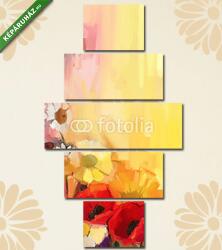 Többrészes Vászonkép, Premium Kollekció: A fehér, a sárga és a vörös színű virágok csendéletei. Olajfestm(135x70 cm, S01)