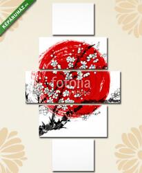 Többrészes Vászonkép, Premium Kollekció: Sakura virágban és piros napben, a japán szimbólum fehér backgro(135x70 cm, S01)