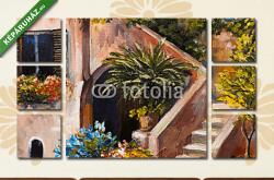  Többrészes Vászonkép, Premium Kollekció: Nyári terasz virágokkal (olajfestmény reprodukció)(135x80 cm, W01)