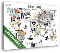 Vászonkép: Világtérkép állatokkal, gyerekeknek skandináv stílusú(145x100 cm)