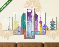 Többrészes Vászonkép, Premium Kollekció: Shanghai landmarks watercolor poster(135x70 cm, S01)