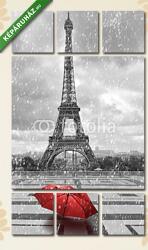 Többrészes Vászonkép, Premium Kollekció: Eiffel-torony az esőben. Fekete-fehér fénykép piros elemekkel(135x80 cm, W01)
