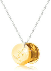 Ekszer Eshop 925 ezüst nyaklánc - medalion arany színárnyalatban, " I LOVE U FOREVER" felirat, cirkóniás lemniszkáta