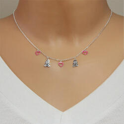 Ekszer Eshop 925 ezüst nyaklánc gyerekeknek - szívkörvonalak rózsaszín fénymázzal és fényes macik