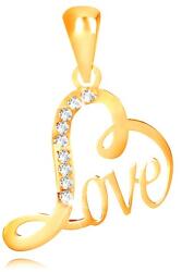 Ekszer Eshop 9K sárga arany medál - szív alakzat " Love" felirattal, átlátszó cirkóniák