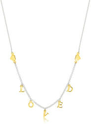 Ekszer Eshop 925 ezüst nyaklánc - fényes szívek és " LOVED" felirat arany színárnyalatban