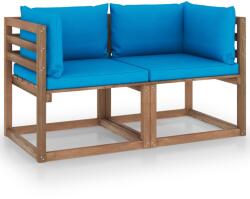 vidaXL Canapea de grădină paleți, 2 locuri, perne albastre, lemn pin (3067276)