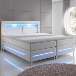 Juskys Rugós ágy Norfolk 140 x 200 cm fehér - LED sávokkal és rugós matraccal