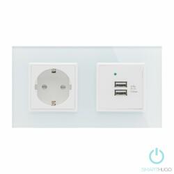 Smarthugo Dupla Sorolt Fehér Üvegkeretes Konnektor + Dupla USB Csatlakozó (sh2590001)