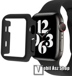  Okosóra szilikon szíj és műanyag védő keret - 208mm hosszú, 9H edzett üveg előlap védő is! - FEKETE - APPLE Watch Series 7 (45mm) / Series 8 (45mm) / Series 9 (45mm)