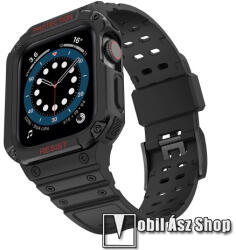 Okosóra szilikon szíj és műanyag védő keret - 95mm + 112mm hosszú - FEKETE - APPLE Watch Series 1/2/3 38mm / 4/5/6/SE 40mm / 7 41mm