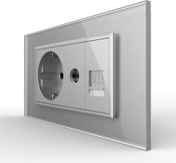LIVOLO Priza Dubla Livolo cu Rama din Sticla 1 Priza Schuko+TV/internet, Standard Italian - Serie Noua - culoare gri