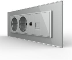 LIVOLO Priza Tripla cu Blank Livolo cu Rama din Sticla 2 Prize Schuko+TV/internet, Standard Italian - Serie Noua - culoare gri