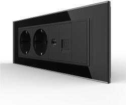 LIVOLO Priza Tripla cu Blank Livolo cu Rama din Sticla 2 Prize Schuko+TV/internet, Standard Italian - Serie Noua - culoare negru
