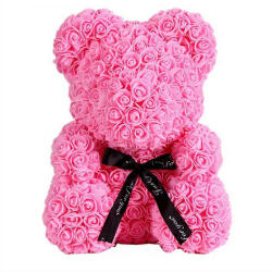 Aranjamente florale - Ursulet din trandafiri de spuma, in cutie cadou cu funda, 40 cm Pink