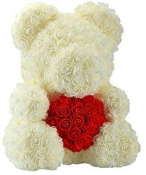 Aranjamente florale - Ursulet trandafiri de spuma cu inima, in cutie cadou cu funda, 40 cm White