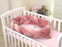 AMY Aparatoare laterala pat bumper impletit, cu inchidere velcro, bumbac velvet roz, 210 cm