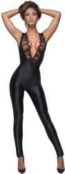Noir Handmade Catsuit Crotchless Sleeveless Material Wetlook si Broderie S