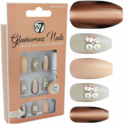 W7 Kit 24 Unghii False W7 Glamorous Nails, Golden Sahara, cu adeziv inclus si pila de unghii