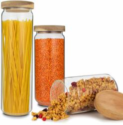 Klarstein Lovage, tárolóedények, 3 darabos készlet, 0, 75 / 1, 1 / 1, 5 L, boroszilikát üveg, akácfa fedél, szilikon (-)