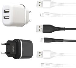 XO L69 2.4A töltő (Fekete) - dupla USB csatlakozó, Lightning kábellel