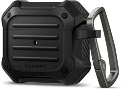 Bluetooth fülhallgató töltőtok tartó, szilikon, vezeték nélküli töltés támogatás, karabiner, Apple AirPods 3 kompatibilis, Spigen Tough Armor, fekete