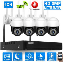4 Kültéri Wifi forgatható megfigyelő kamera rendszer 3MP, 8 csatornás ONVIF NVR, színes éjszakai látás, H. 265+