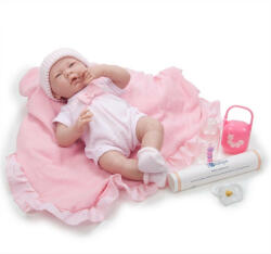JC Toys Élethű Berenguer Játékbabák újszülött lány rózsaszín masnis ruhában sapkával - kiegészítőkkel - 39 cm