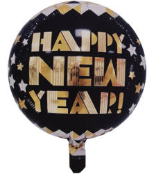  Fólia lufi - Happy New Year - Fekete és arany kör